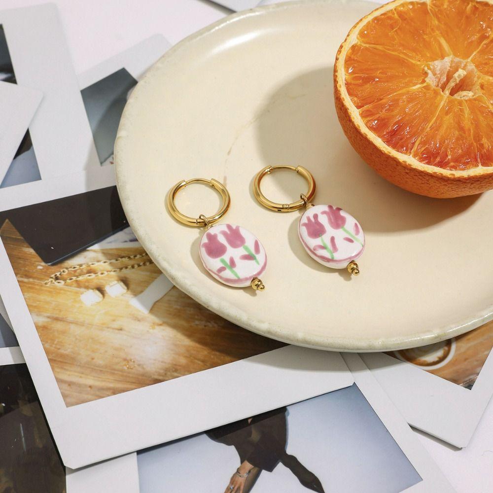 Stainless Steel Blue and White Porcelain Earrings Chinese Style Gold Hoop Earrings  Lady