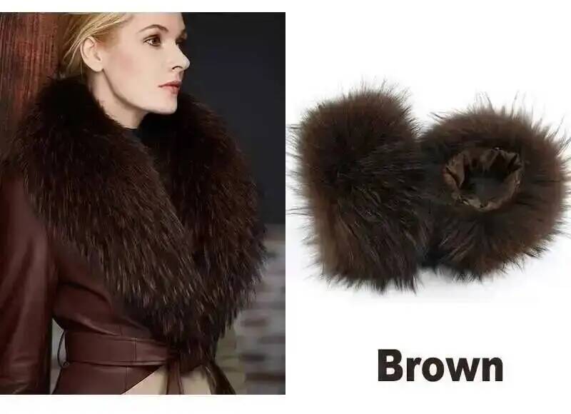 Elegant Luxury Raccoon Fur Collar Cuff Set Large Size 100% Real Fur Scarf Thick Warm Ladies Shawl Coat Collar Women Winter