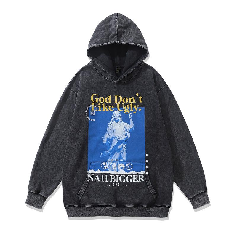 European And American Street Trend Hoodie Oversize Printing Fried Color Heavy Cotton Hooded Sweater Men