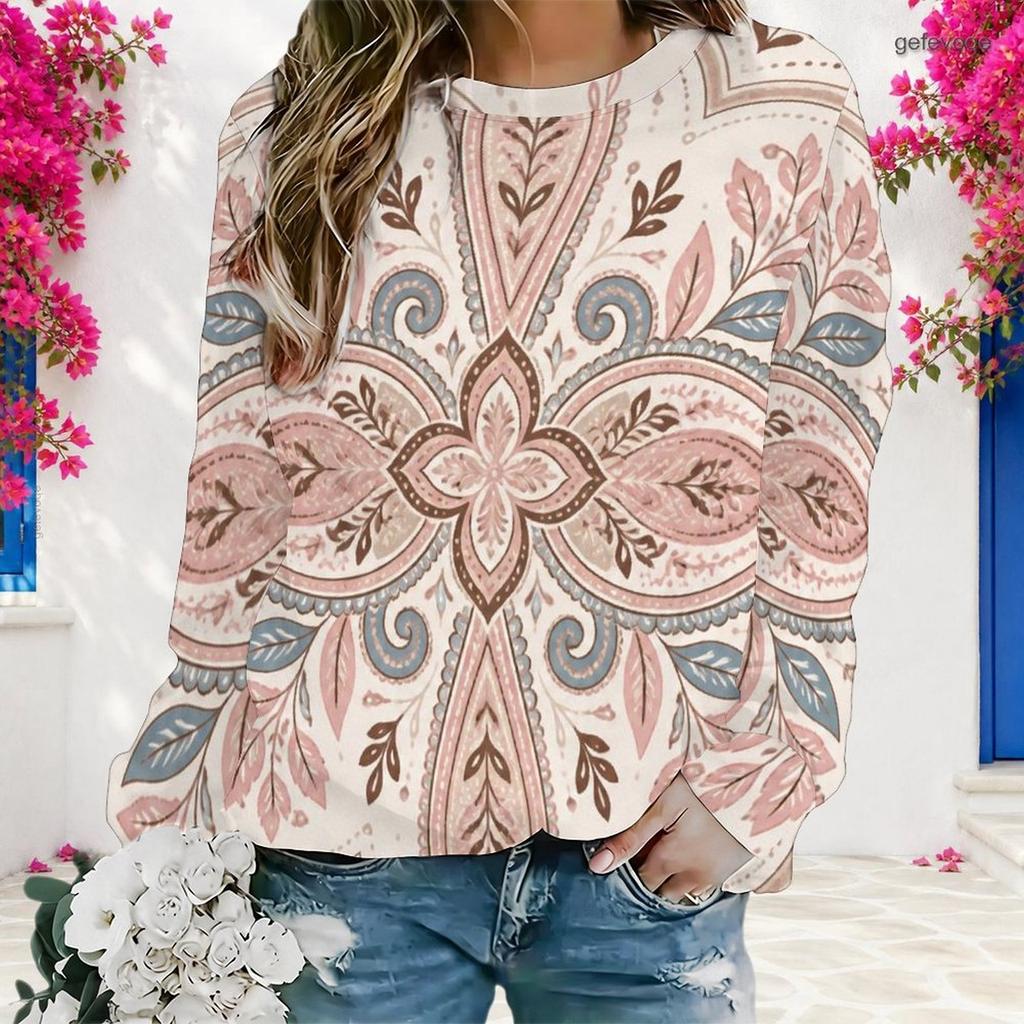 Women Plus Size Round Neck Long Sleeve Boho Printed Pullover Sweatshirt