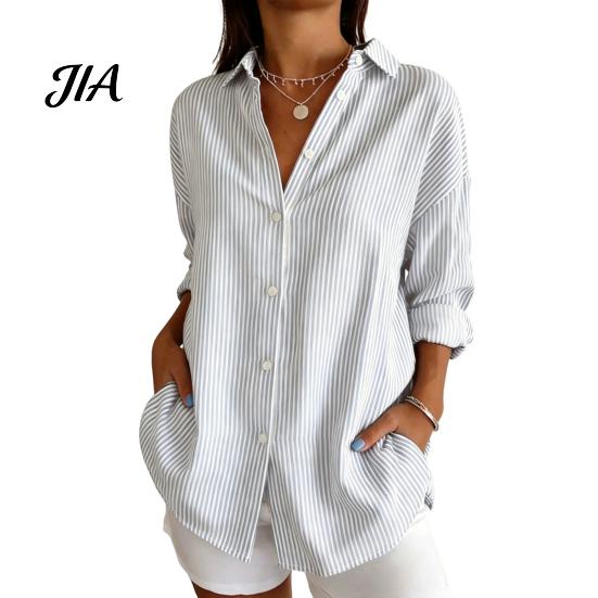Machine Washable Shirts Women Striped Shirt for Summer Autumn, Button Down Single Long Sleeve Breasted Blouse, Dressy Casual Collared Top Office Work