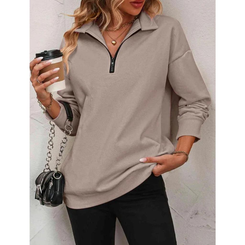 Felpa da donna con mezza zip e maniche lunghe, vestibilità ampia, casual, tinta unita, top pullover