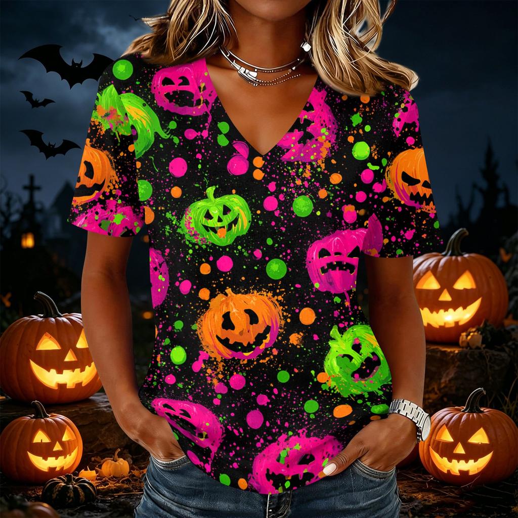 Women's Casual V Neck Pullover Top Halloween Themed Graphic Print Short Sleeve T Shirt Lightweight Comfortable Fit
