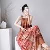 Cotton silk summer bohemian print suspender dress women's ethnic style retro loose medium and long vacation dress