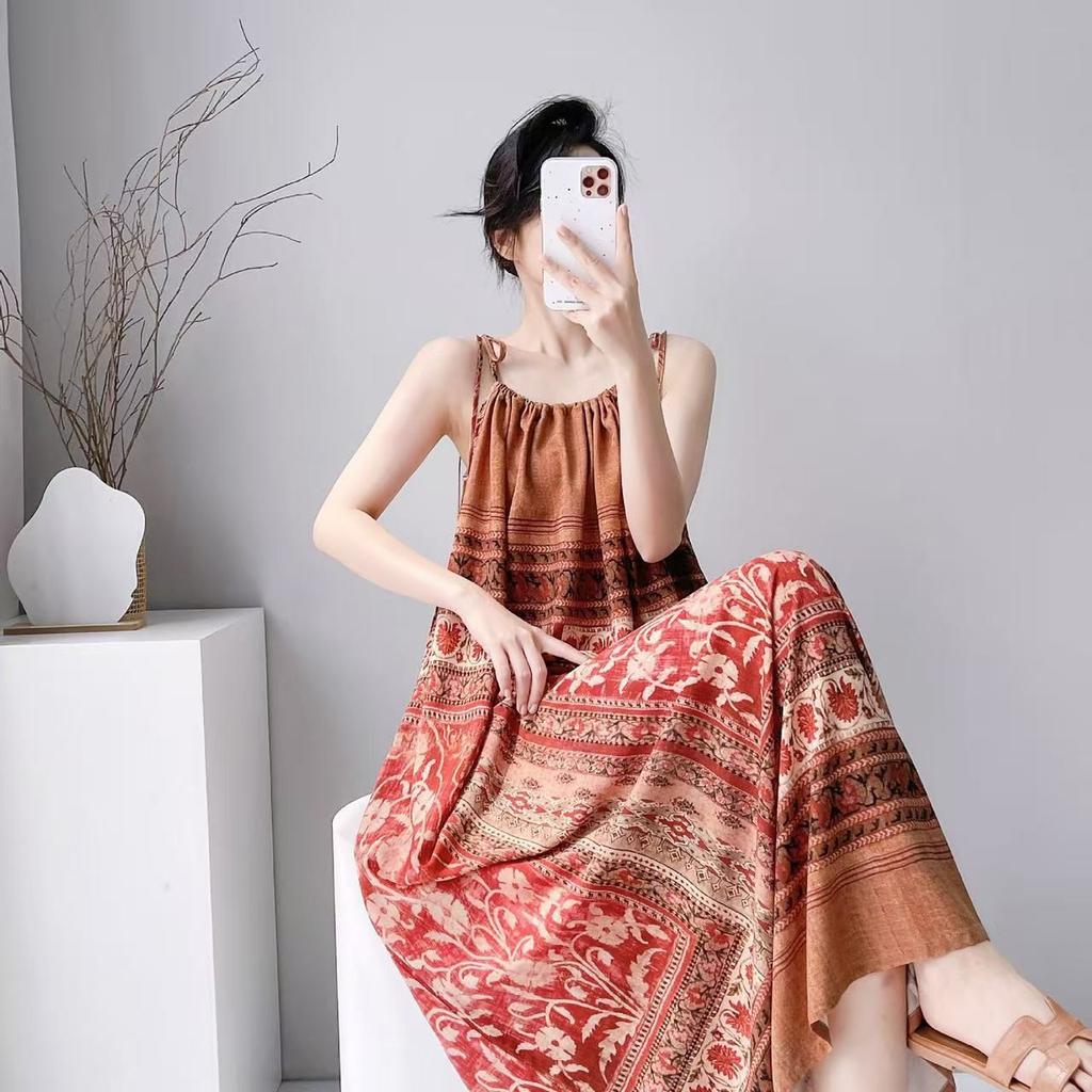 Cotton silk summer bohemian print suspender dress women's ethnic style retro loose medium and long vacation dress