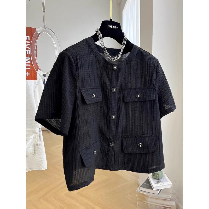 

Women Autumn Black Textured Short Sleeve Jacket Crew Neck Button Up Cropped M чёрный