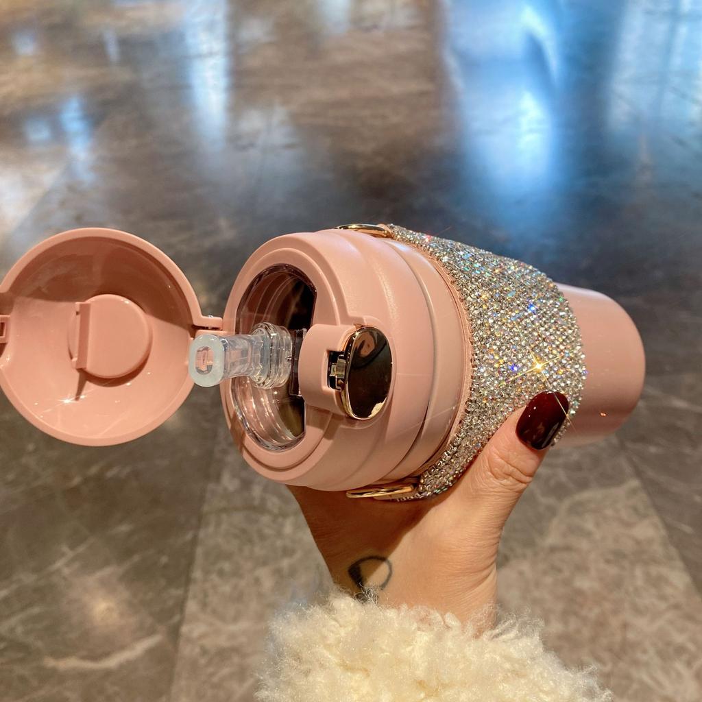 Bling Strass Tasse mit Kettenseil Glitzernde Diamant Wasserflaschen Edelstahl Becher Flasche Mädchen Frauen Geschenk Niedlicher Hase