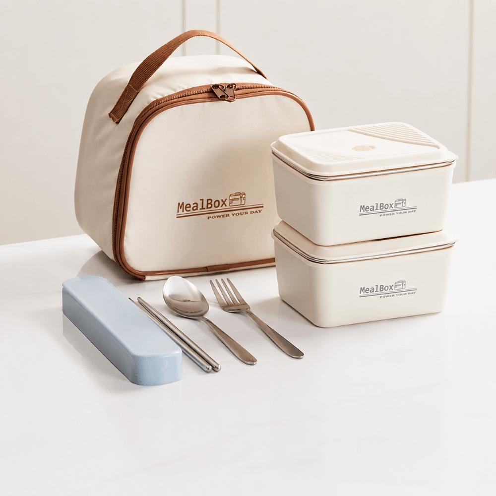 Stainless Steel Lunch Box with Bag Portable Microwave Oven Lunch Box  Tableware White 2 Boxes