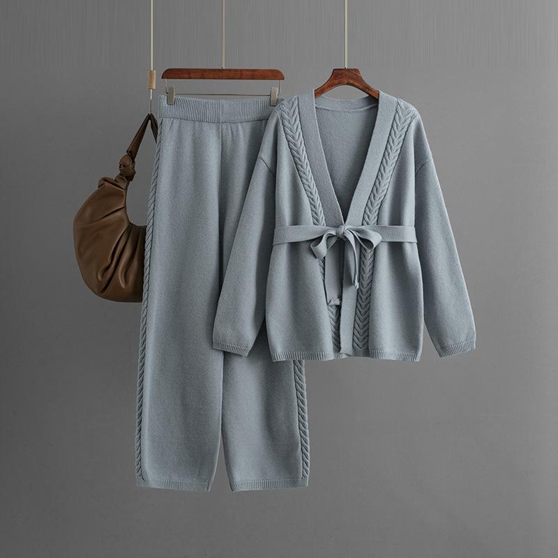 

Loose casual fashion sweater set women s new knitted cardigan jacket wide-leg pants two-piece set One Size