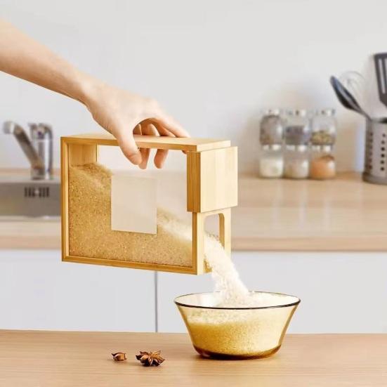 Dispenser Cereali in Bambù con Finestra Trasparente Dispenser Cibo con Coperchio Scorrevole Contenitore Cibo Secco per Riso Farina Pasta Snack Dispensa Piano Cucina