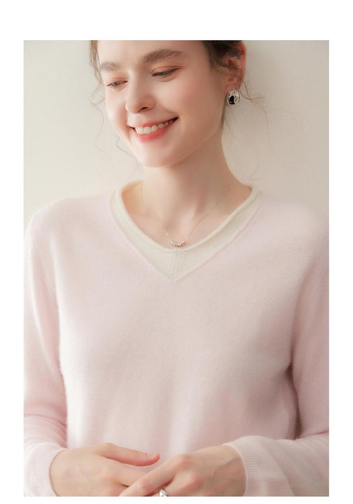 Autumn/Winter 2025 Two-Piece Color Block Cashmere Women's Slimming Knit Pullover