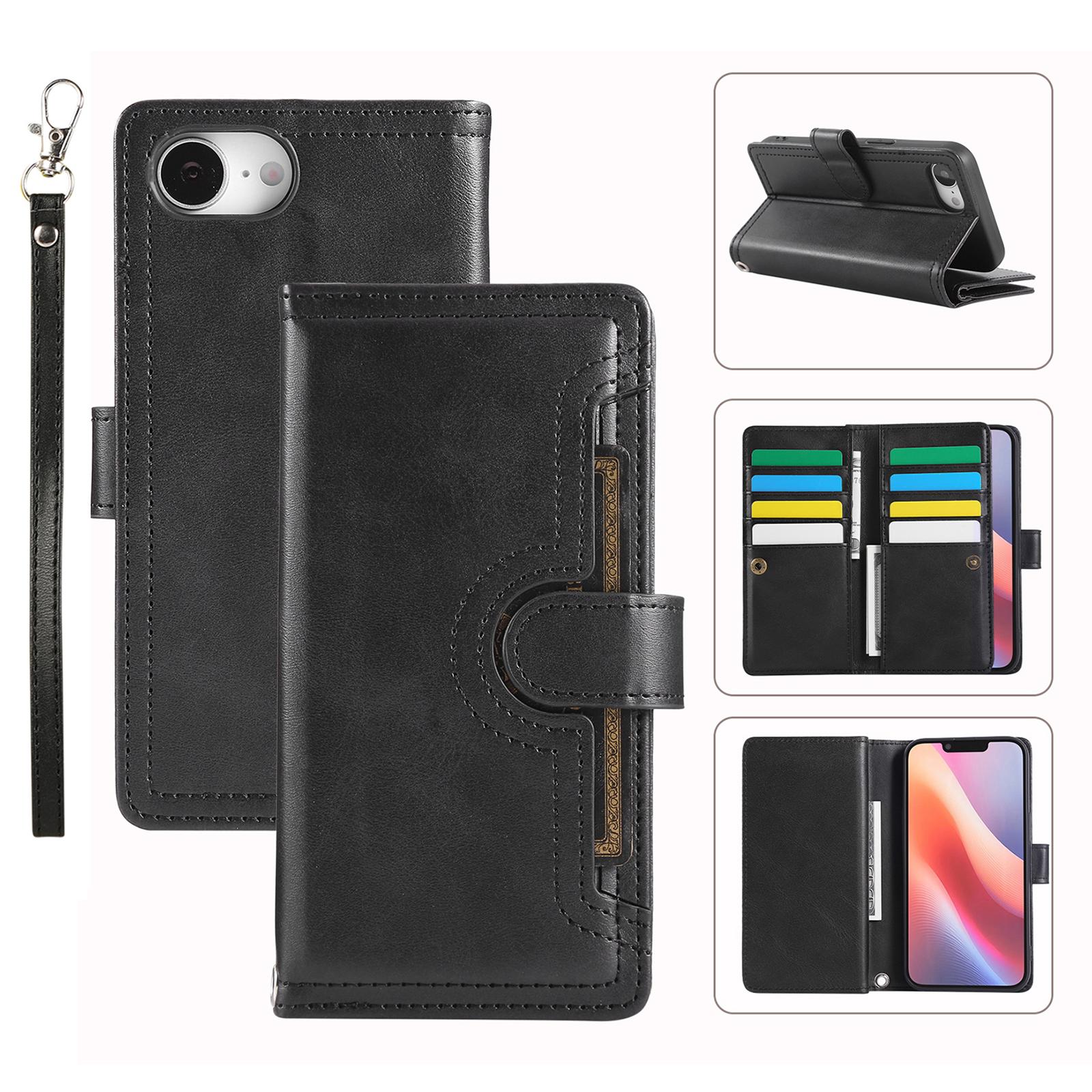 

For iPhone 16e Case Split Leather Magnetic Wallet Phone Protector with Wrist Strap Black