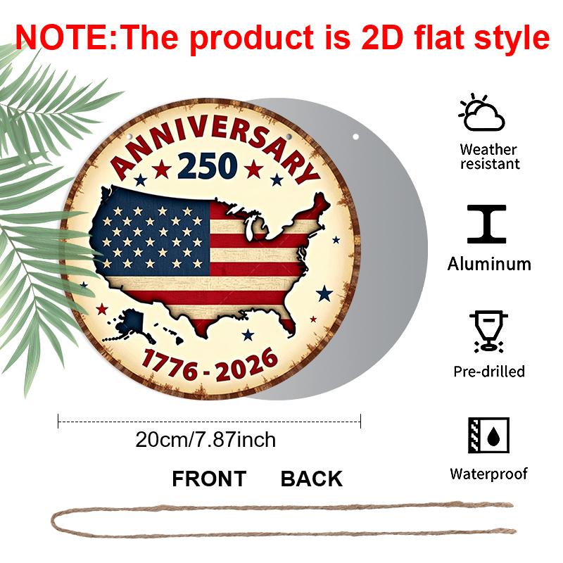 2D Flat, 1pc Round Aluminum America 250th Anniversary Sign - Freedom 250 Round Wall Decor with Flag & Fireworks Design, 1776-2026 Independence Day