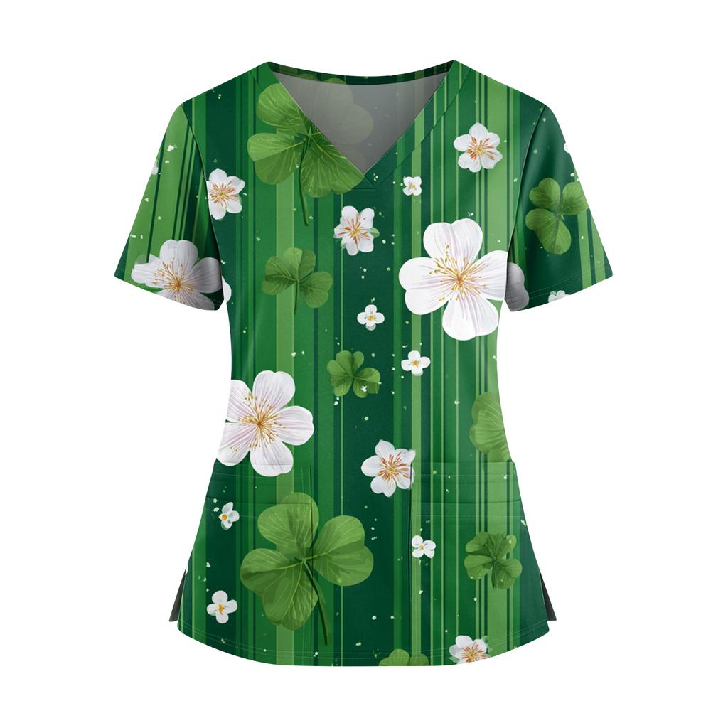 Frauen St. St. Patrick's Day Druck V-Ausschnitt Doppeltasche Kurzarm Uniform Oberteil mit geschlitztem Saum