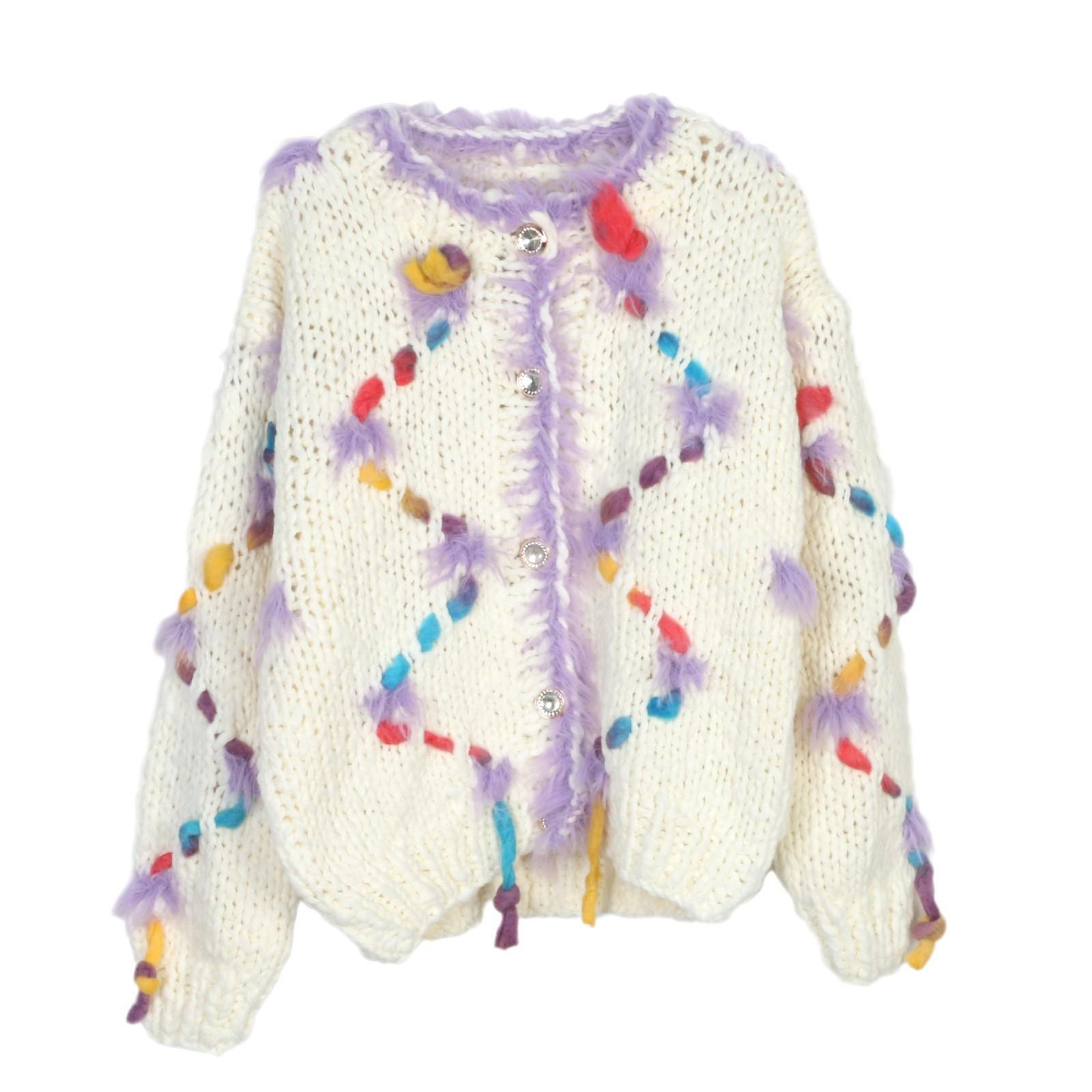 

Шикарный европейский и американский кардиган ручной вязки с вышивкой: Свитер свободного кроя с круглым вырезом для осени/зимы Medium