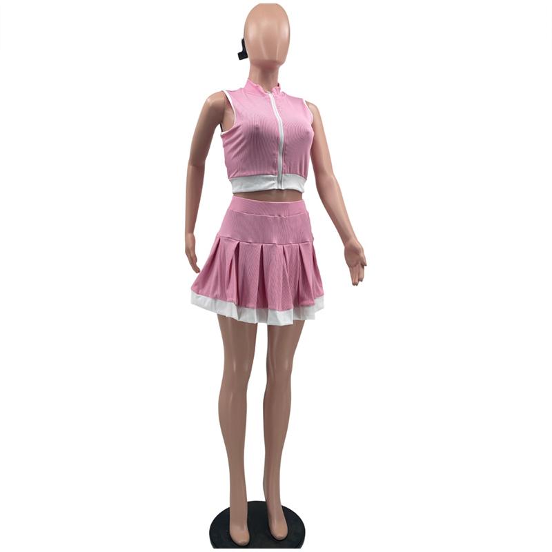 Fashion Casual Contrast Color Stitching Pleated Short Skirt Ladies Two-piece Summer Sports Stitching Ladies Suit High Street