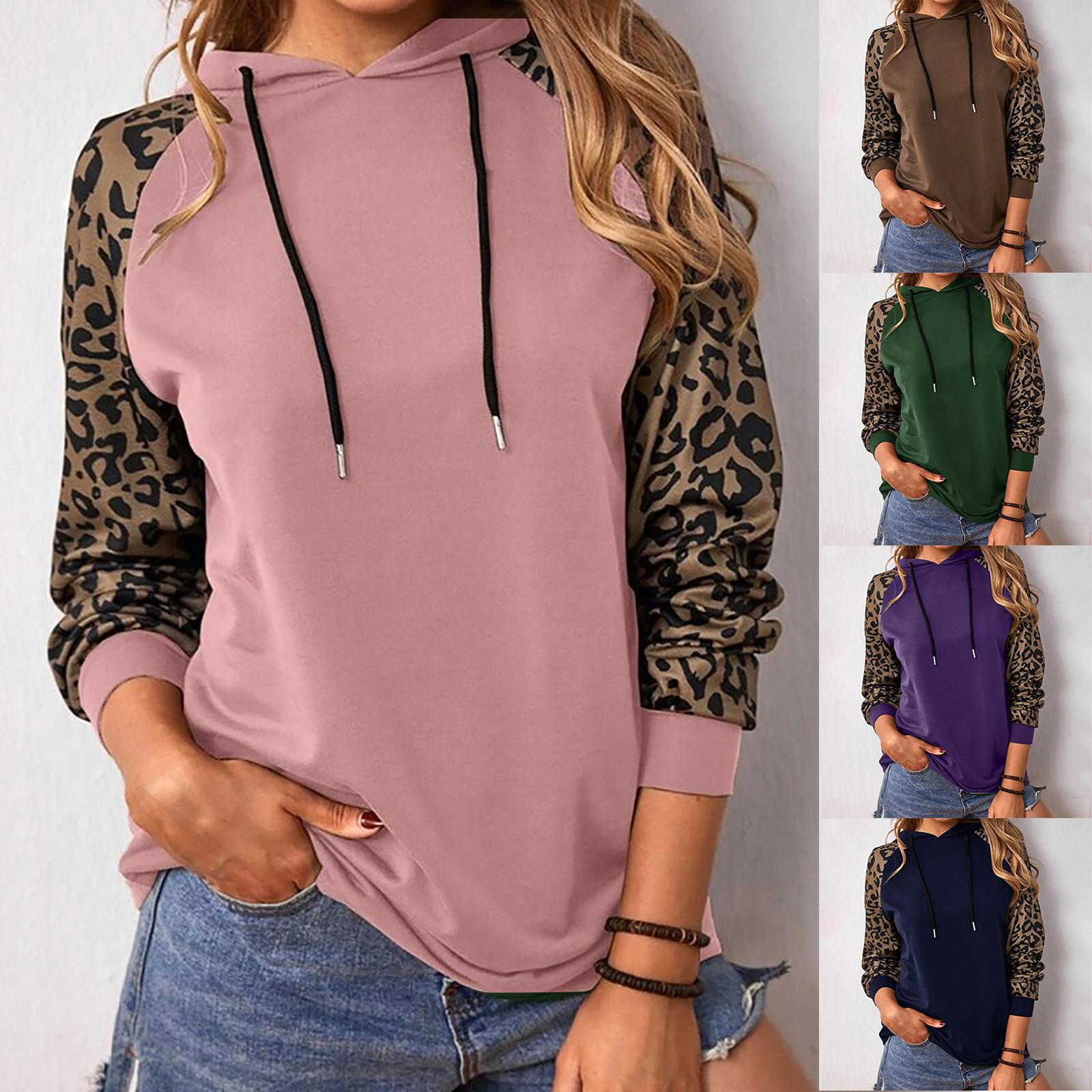 

Модный женский повседневный пуловер в стиле пэчворк с леопардовым принтом, блузка с длинными рукавами и капюшоном, топы