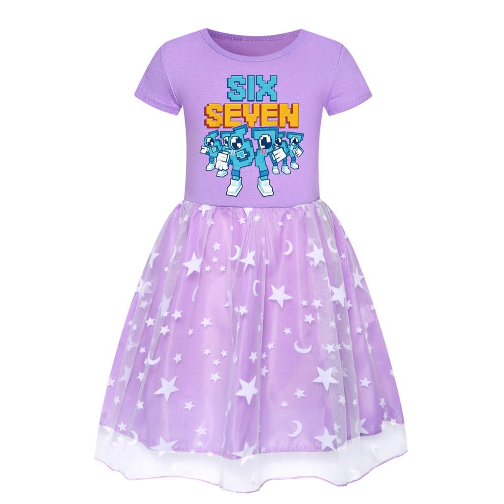 5195 Kids Girls Steal a Brainrot 67 Six Seven Print Mesh Rainbow Round Neck Casual Casual Cotton Dress