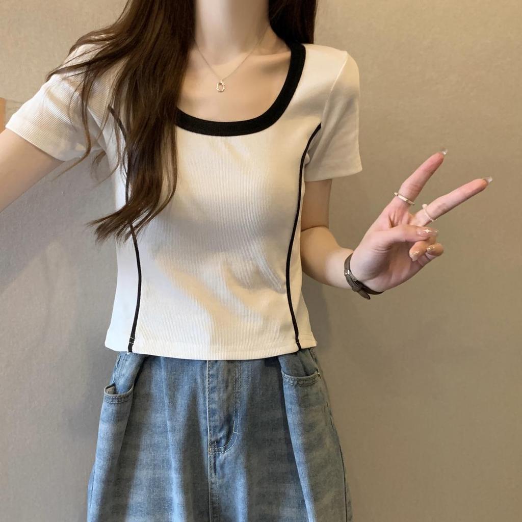 Summer New Square Neck Fashion Short Sleeve T-shirt Women Contrast Color Printing Casual Pullovers Pure Cotton All-match Tops