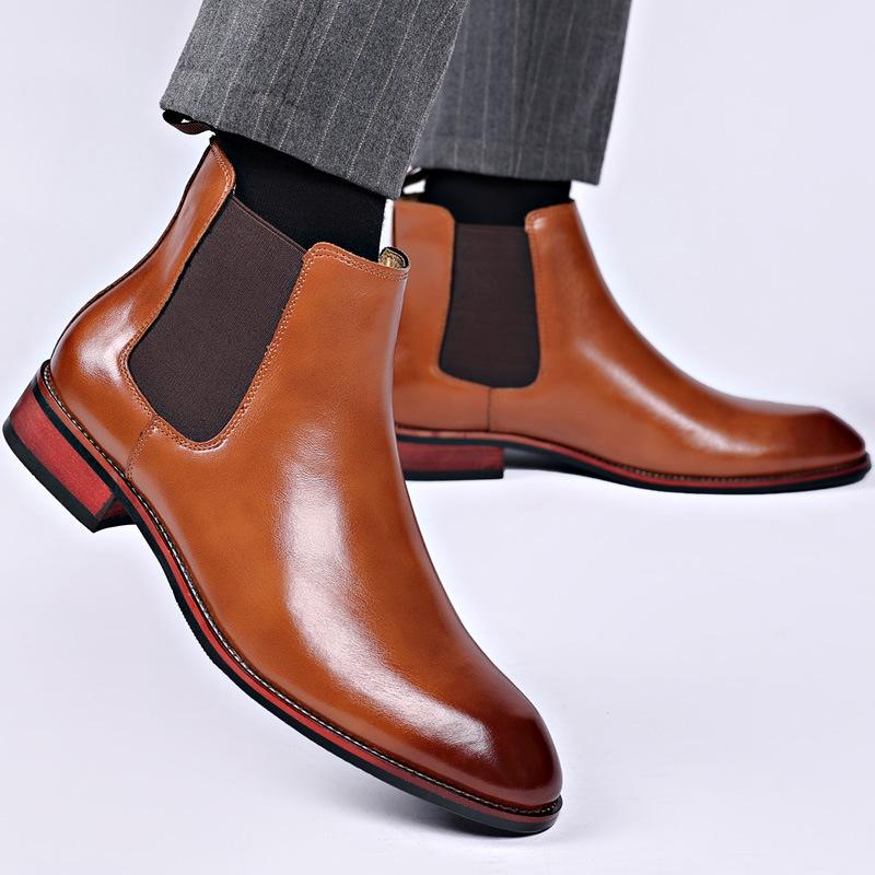 Men's Chelsea Boots Autumn Breathable Pointed Toe Ankle Boots British Style Comfortable Durable Mid Calf Leather Shoes