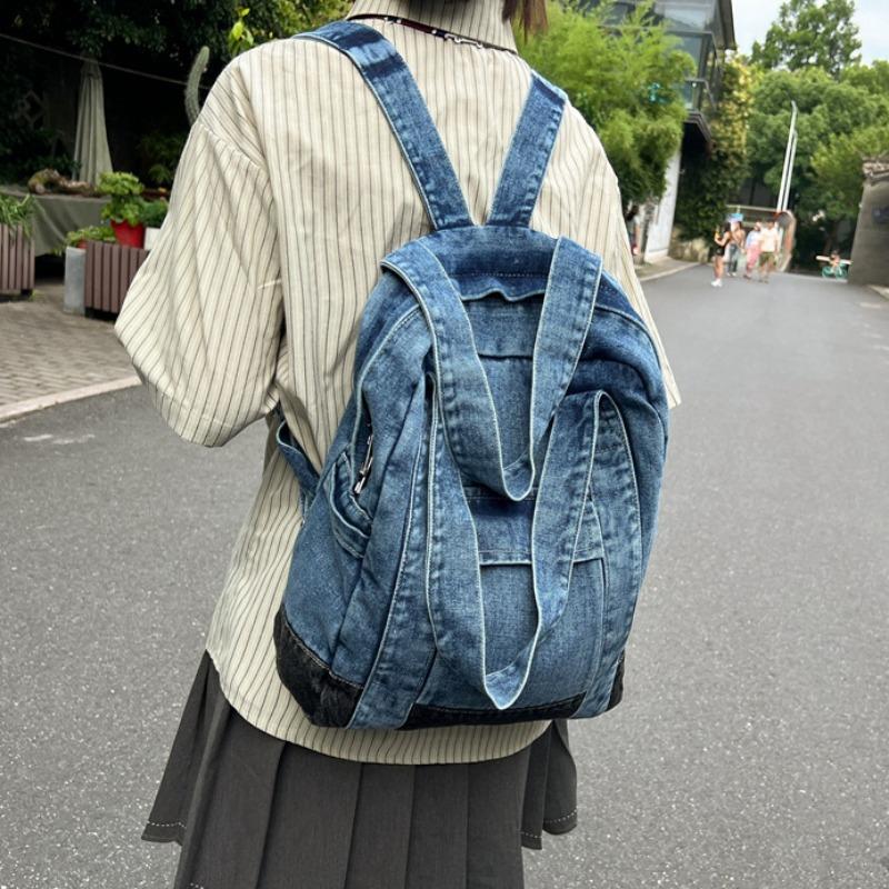 High Capacity Denim Patchwork Zipper Large Size Fashion Backpacks 2026 Hot Sale Sewing Thread Versatile Youth Women's Handbags