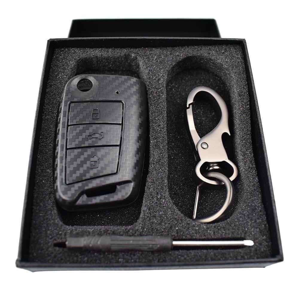 Kolfiberstil Fjärrnyckelskal Fodral Fob-skydd för VW Polo Golf 7 Tiguan Skoda Octavia Fabia Kodiaq Seat Nyckelring Nyckelring