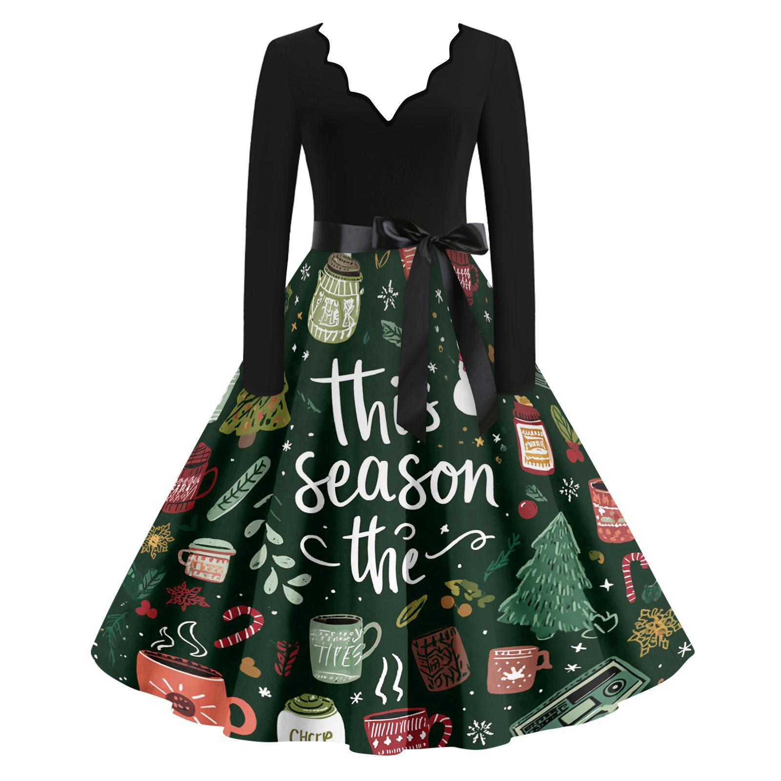 

Women s Casual Fashion V Neck Christmas Printed Vintage Dress L
