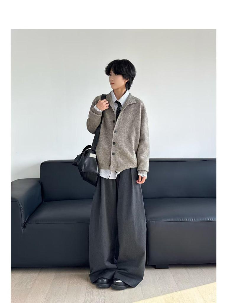 Pánský japonský retro pletený kardigan se stojáčkem – Jednoduchý, univerzální, ležérní svetr v jednobarevném provedení