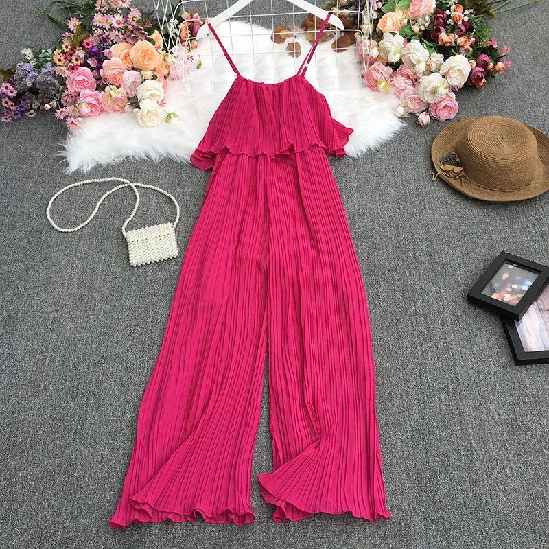 

Комбинезон из шифона с высокой талией, плиссированный, с прямыми широкими брюками-клеш, модный цельный наряд для женщин One size розы красного