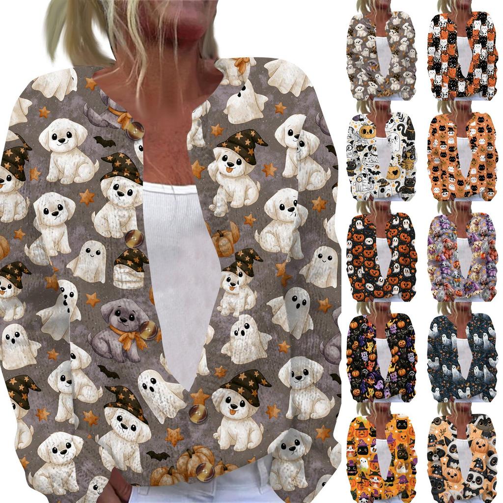 Damen Strickjacke mit langen Ärmeln und Halloween-Print, Knopfleiste vorne