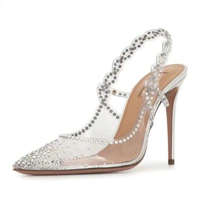 Fashion Luxury Crystal Rhinestone Transparent Pvc Heeled Sandals Women Sexy Pointed Toe Ankle Strap Pumps Summer Elegant Thin High Heels