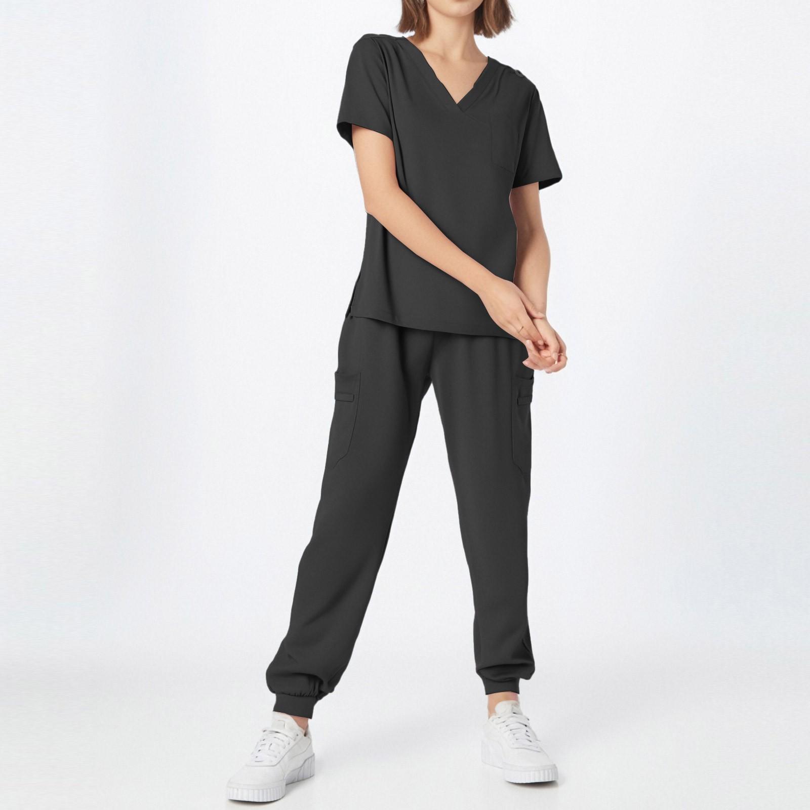 

Женский однотонный топ с короткими рукавами и круглым вырезом, карманы, брюки, рабочая одежда, комплект из двух предметов L чёрный