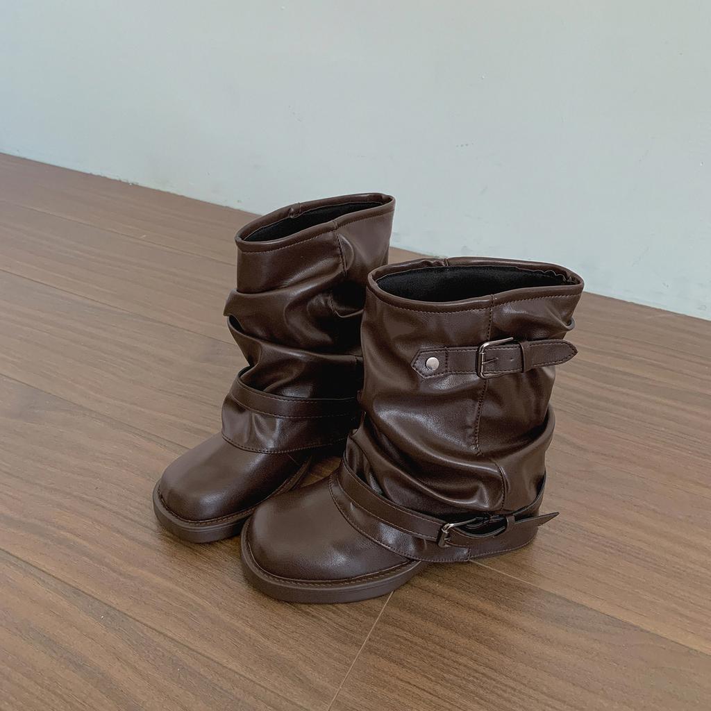 Queen Fan Braun Britischer Stil Dicke Absatzstiefel Damen 2025 Neu Herbst Vintage Stiefel mit Schaft zum Überziehen