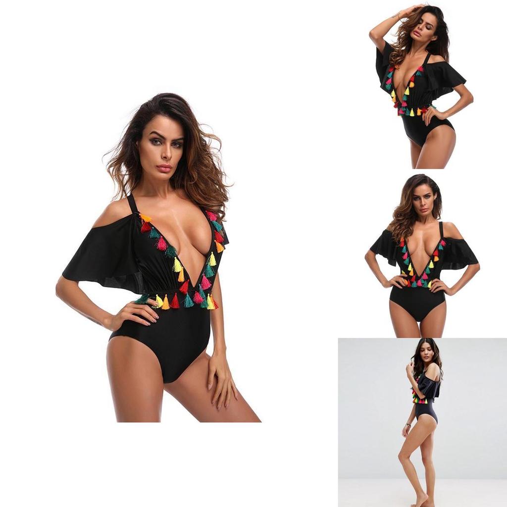 Enchanting Black Sexy Deep V One Piece Swimsuit Bikini Retro Bodysuit For Women