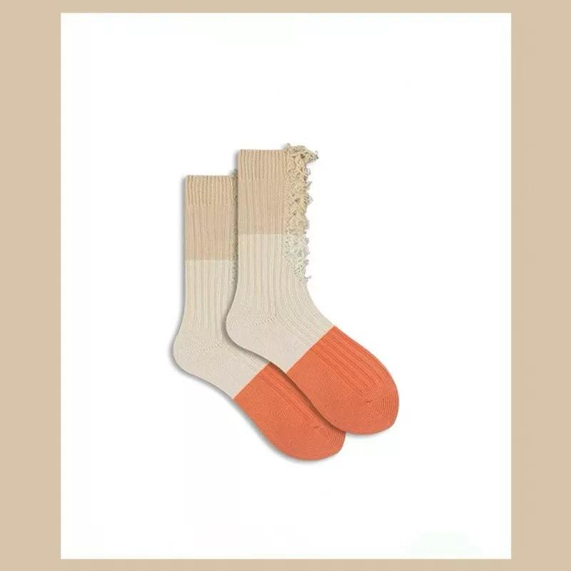 Perforated Beggar Color-blocking Socks for Women's Fashion, Versatile Color-blocking and Patchwork Socks, Mid-calf Socks