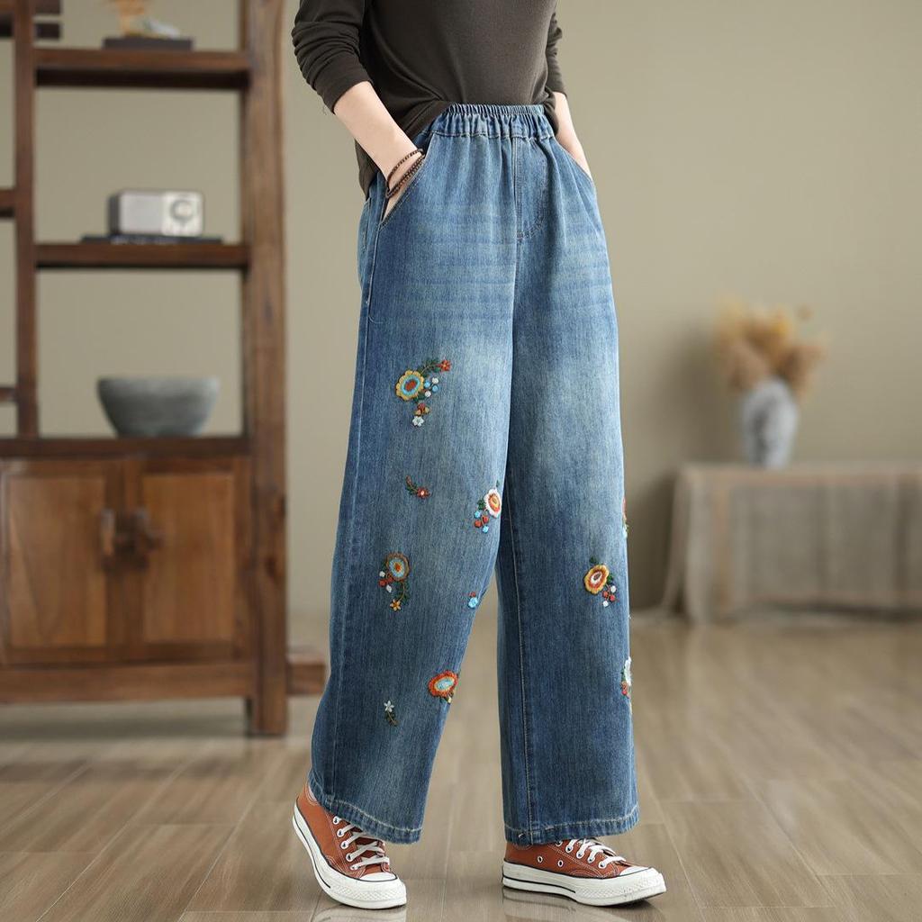 Damen Jeans mit hohem Bund, bestickt, Wide Leg - Übergröße, elastischer Bund, lockere Passform für Frühling & Herbst