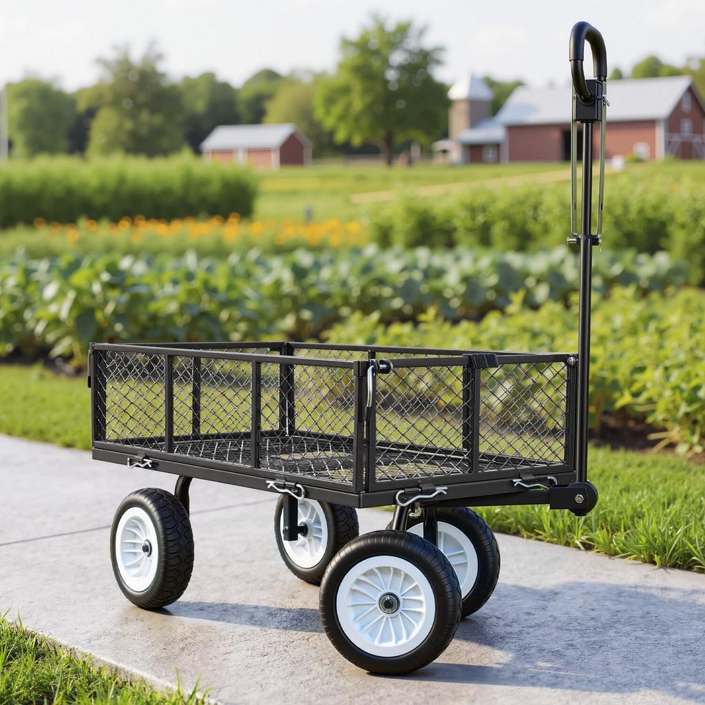 Garden Cart, 408.2 kg, Heavy Duty Steel Yard and Garden Utility Wagon with 10-Inch Tires, Outdoor Gardening Stool with Adjustable Handle, Detachable
