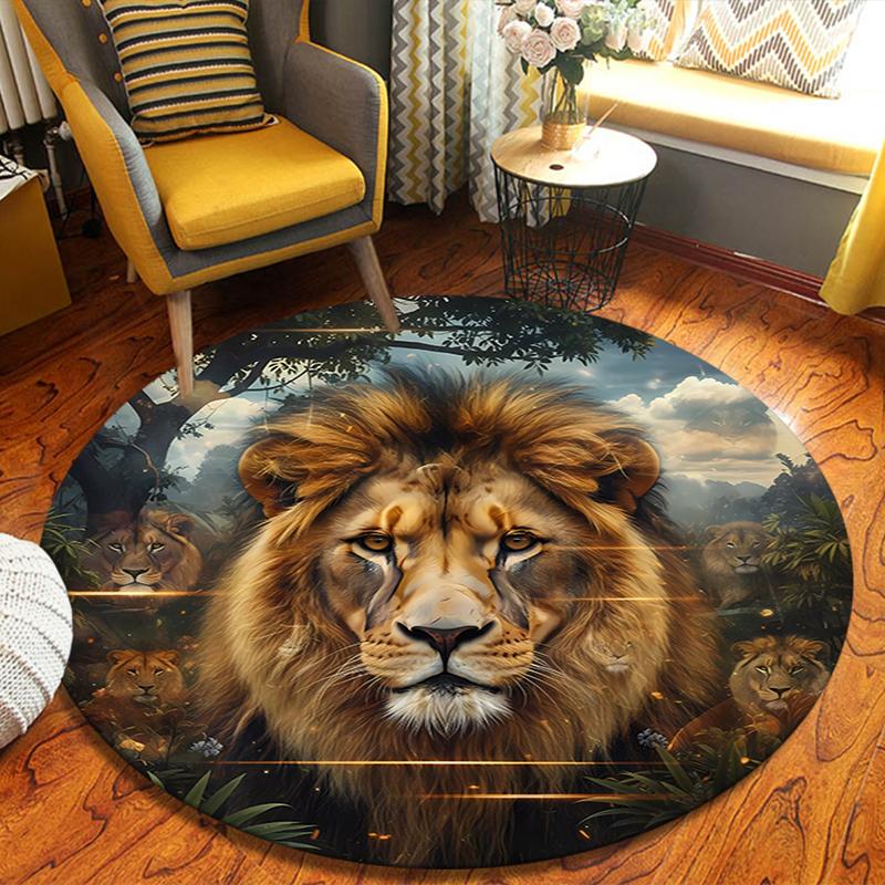 Elephant Lion Round Area Rug,Carpet Rug for Living Room Bedroom Sofa Playroom Decor,Non-slip Floor Mat