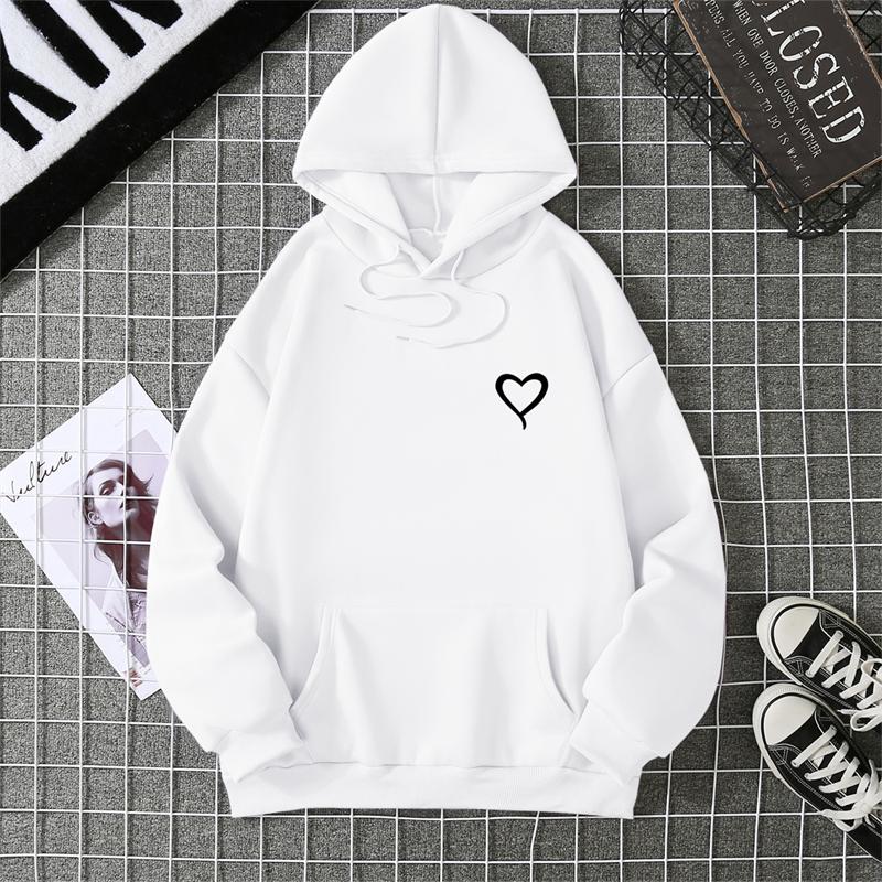 Simplic Heart Print Women Sweatshirt Soft Casual Loose Vintage Female Hoodies Winter Warm Fleece Student Tops