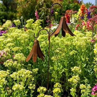 Dual Bells Garden Stake Rustic Wind Chime Yard Art Outdoor Iron Wind Bell Stake for Lawn Yard Patio Garden Pathway Decor