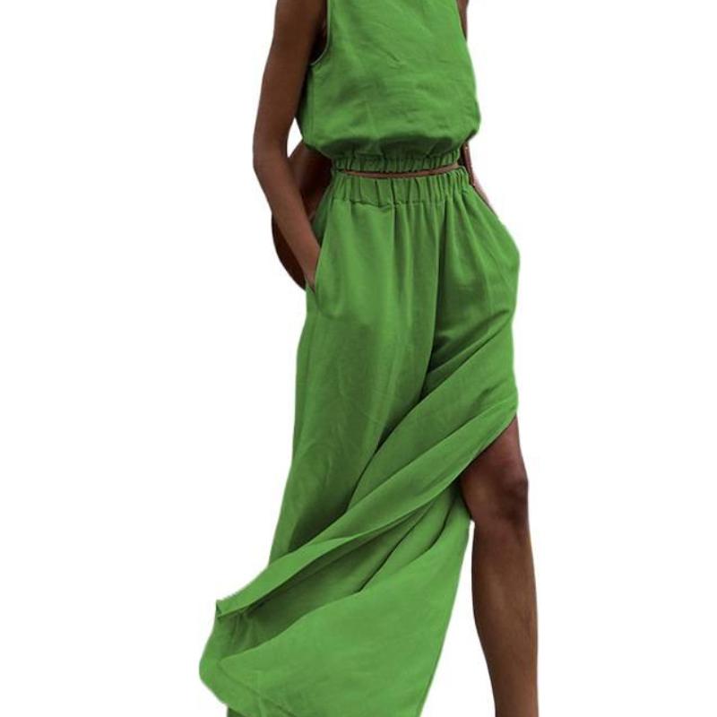 Hot Sale Cotton Linen Solid Color Set Spring Summer Casual Women's Vest Split Long Pants Two-Piece Set