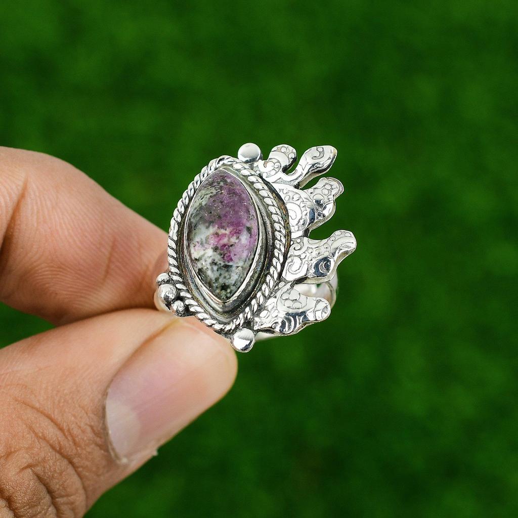 Natural Ruby Zoisite Gemstone Statement Green Adjustable Ring 925 Silver