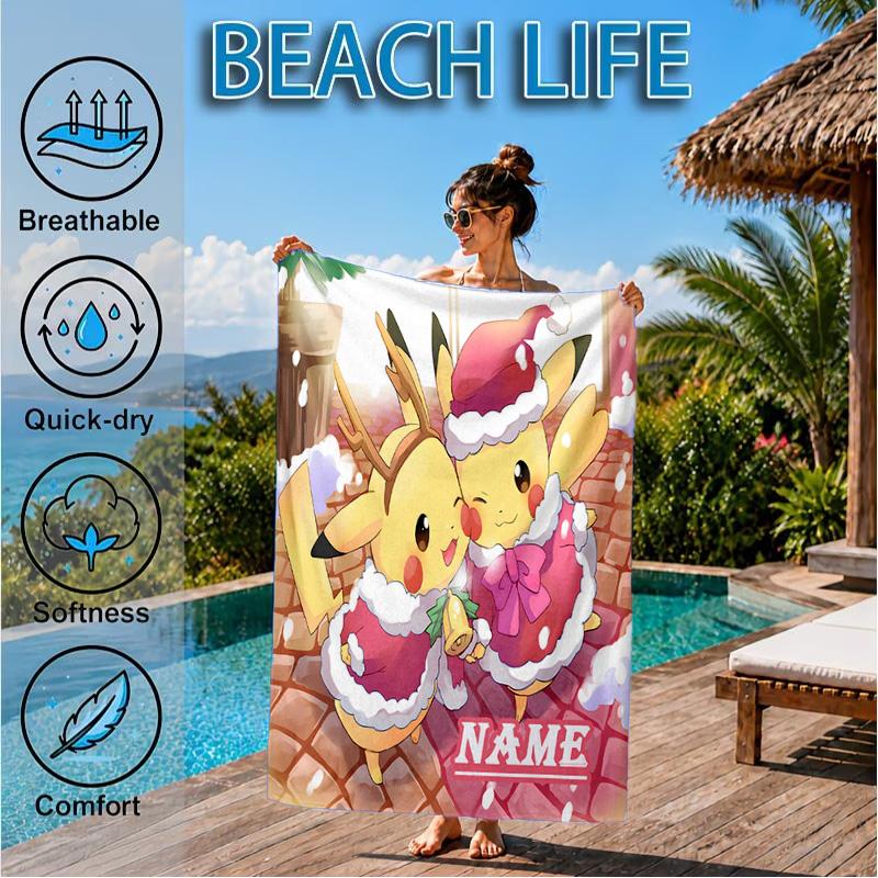 Custom Name Beach Towel Christmas Pika Microfiber Beach Towel Super Soft & Absorbent for Bath, Beach, Travel  Bath Time Accessory, Fan gifts