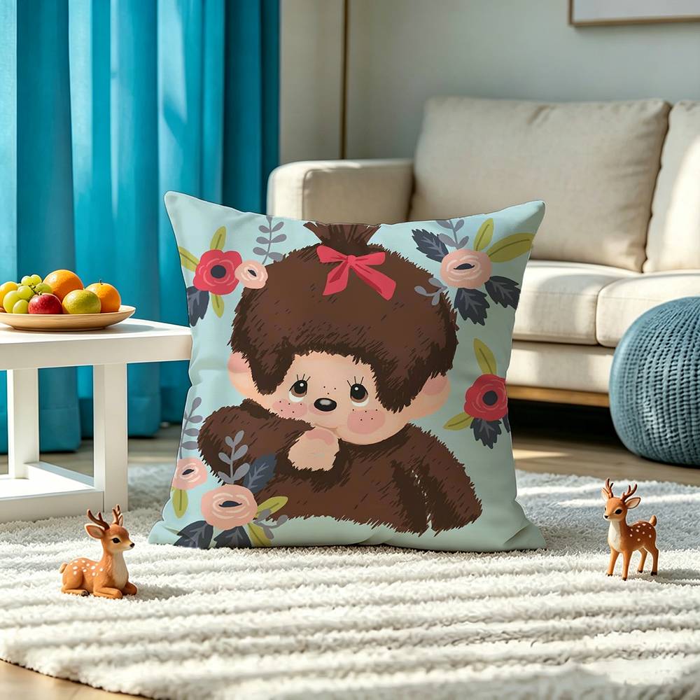 Cartoon M-M-Monchhichis Anime Square Double-Sided printed Pillow Case Bedroom Bedside Pillow Sofa Cushion Cover