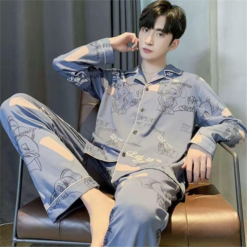 Men's Korean Style Cotton Cardigan Pajama Set - Long Sleeve & Pants for Spring & Autumn, Wearable Outdoors