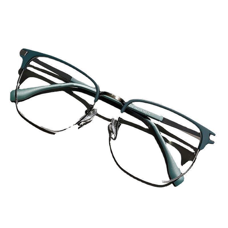 Men's Trendy Techie Half-Rim Square Glasses Frame in Green for Large Faces, Fit for Prescription Lenses.