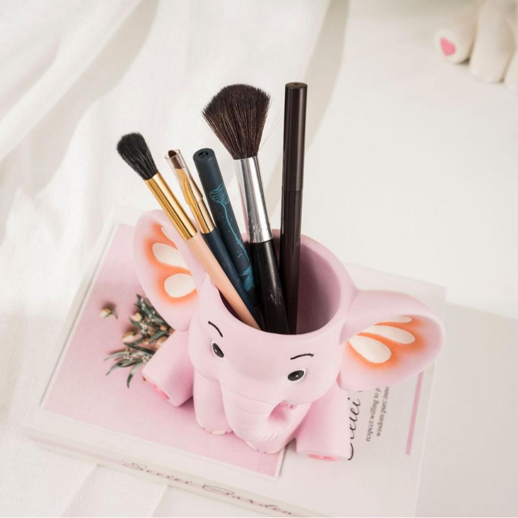 Cute Elephant Pen Holder Storage Box Ornament Home Office Desktop Cartoon Animal Resin Crafts