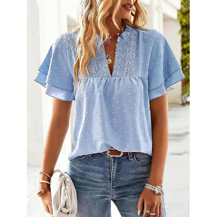 Elegant Resort-Style Deep V Lace Short-Sleeve Women's Blouse 2026 Spring/Summer