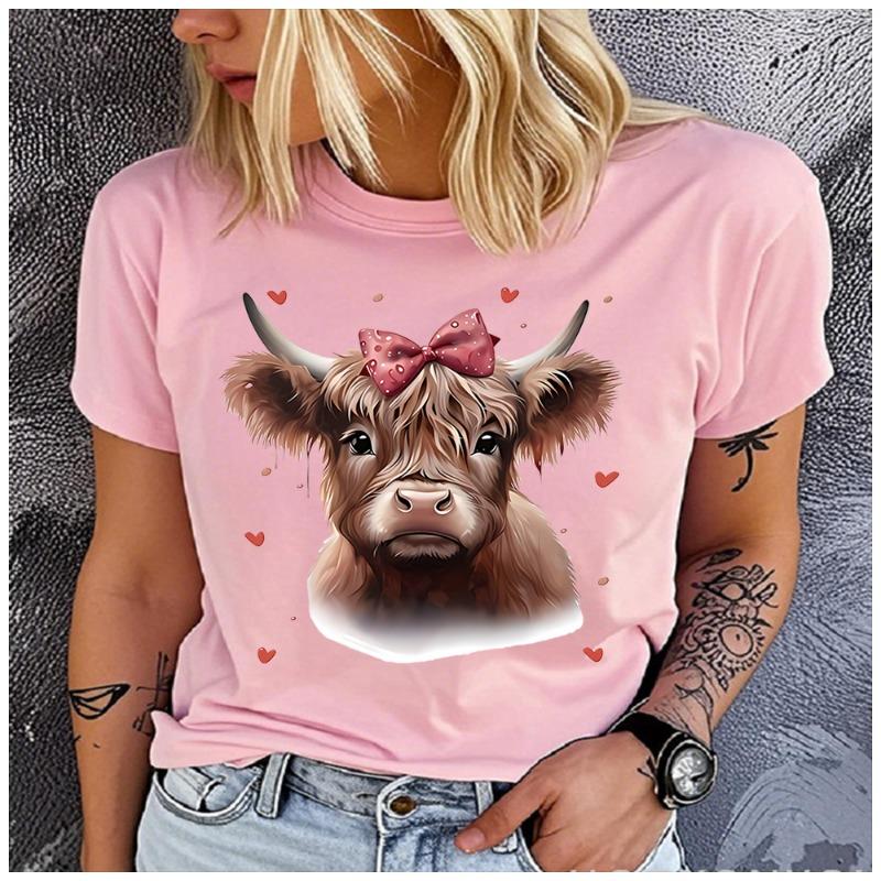Women's Belted Cow Print Base T-shirt Loose Round Neck Casual Short Sleeve Fashion Top Wholesale Clothing Summer