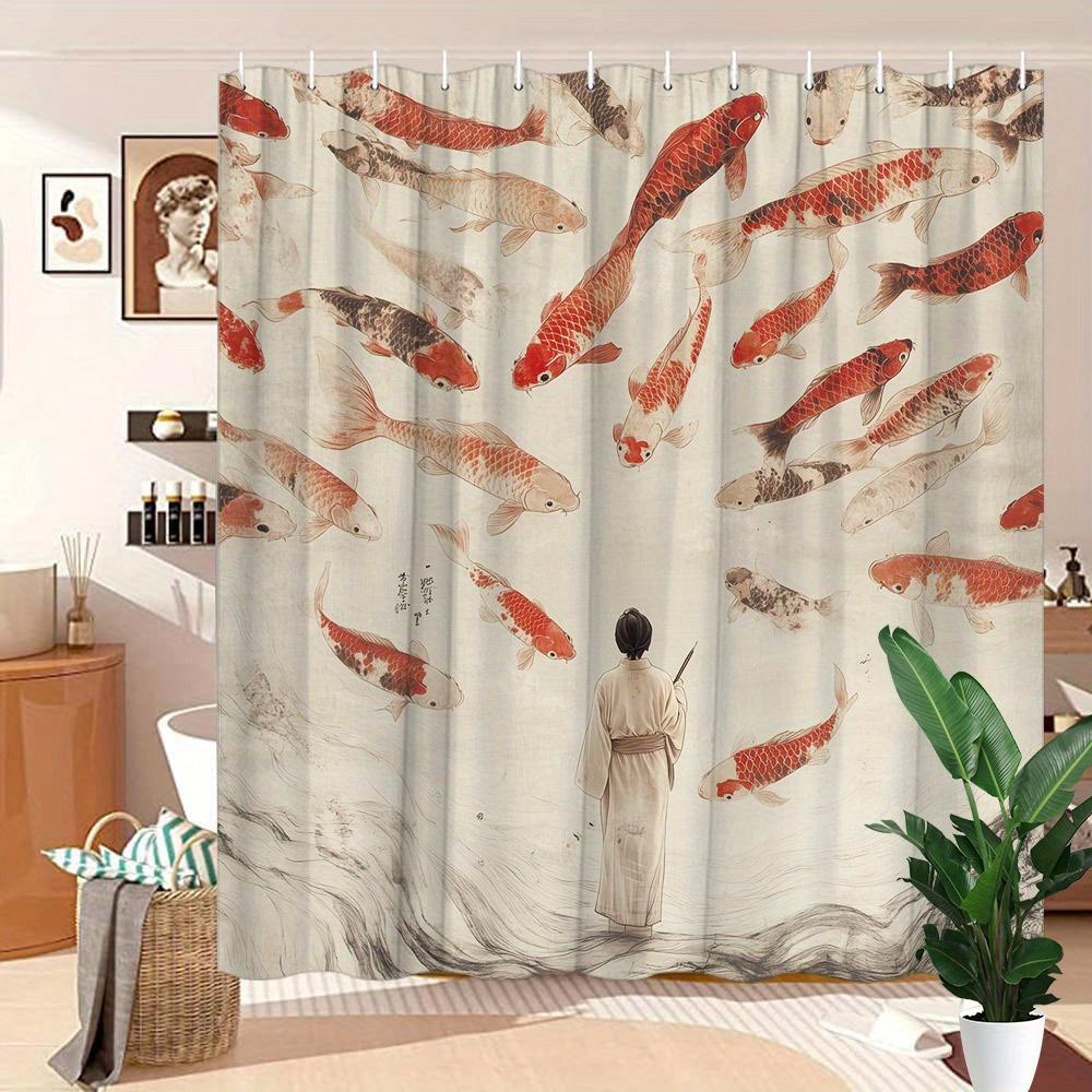 1pc Koi Fish Shower Curtain - Japanese Scene, Red & Orange Fish, Serene Landscape, Polyester,  Washable